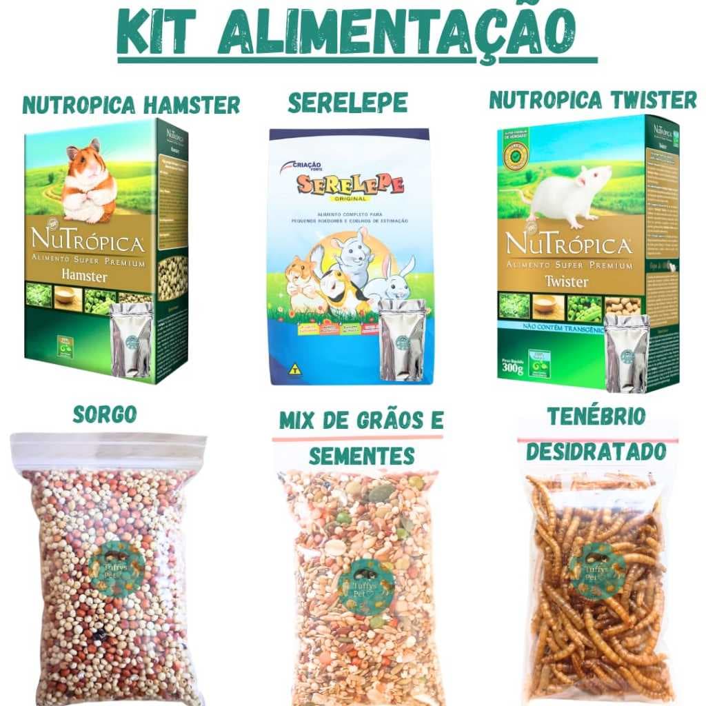 kit alimentação, Nutrópica Hamster+Serelepe, Nutrópica Twister, Sorgo, Proteína, Mix de Sementes