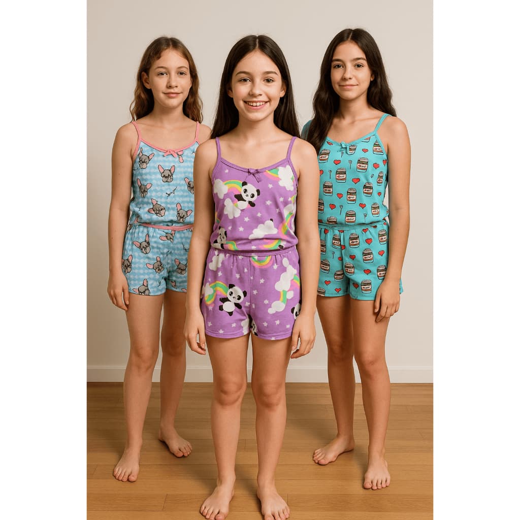 Kit 3 Pijamas Infantis Stitch Short Doll  Personagens Menina Pijama Infantil Moda Infantil Stitch