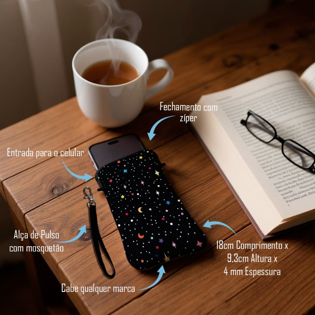 Bolsa Case para Celular com Zíper Estrelas Planeta Infinito