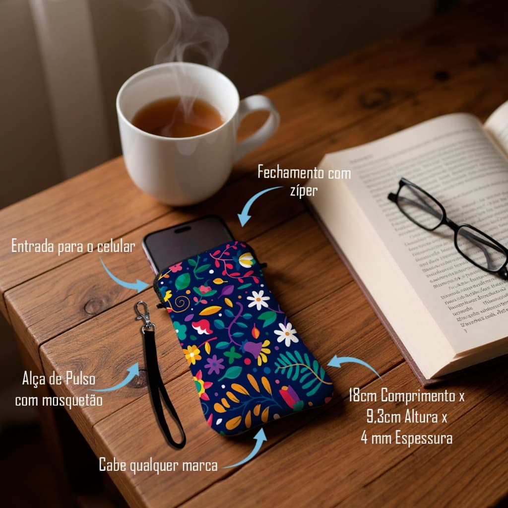 Bolsa Case para Celular com Zíper Plantas Variadas Coloridas