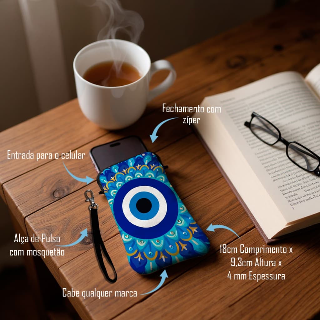Bolsa Case para Celular com Zíper Mandala Olho Grego Azul