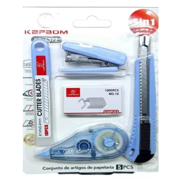 O kit de papelaria inclui grampeador， fita corretiva e cortador para escritórios escolares