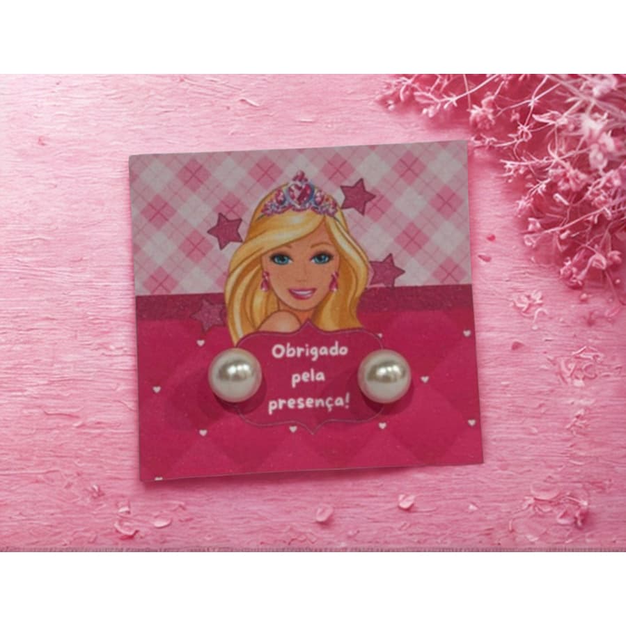 Kit com 20 30 50 ou 100 pares brinco de pérola+ tarraxa+ tag lembrancinha barbie aniversario festa da barbie