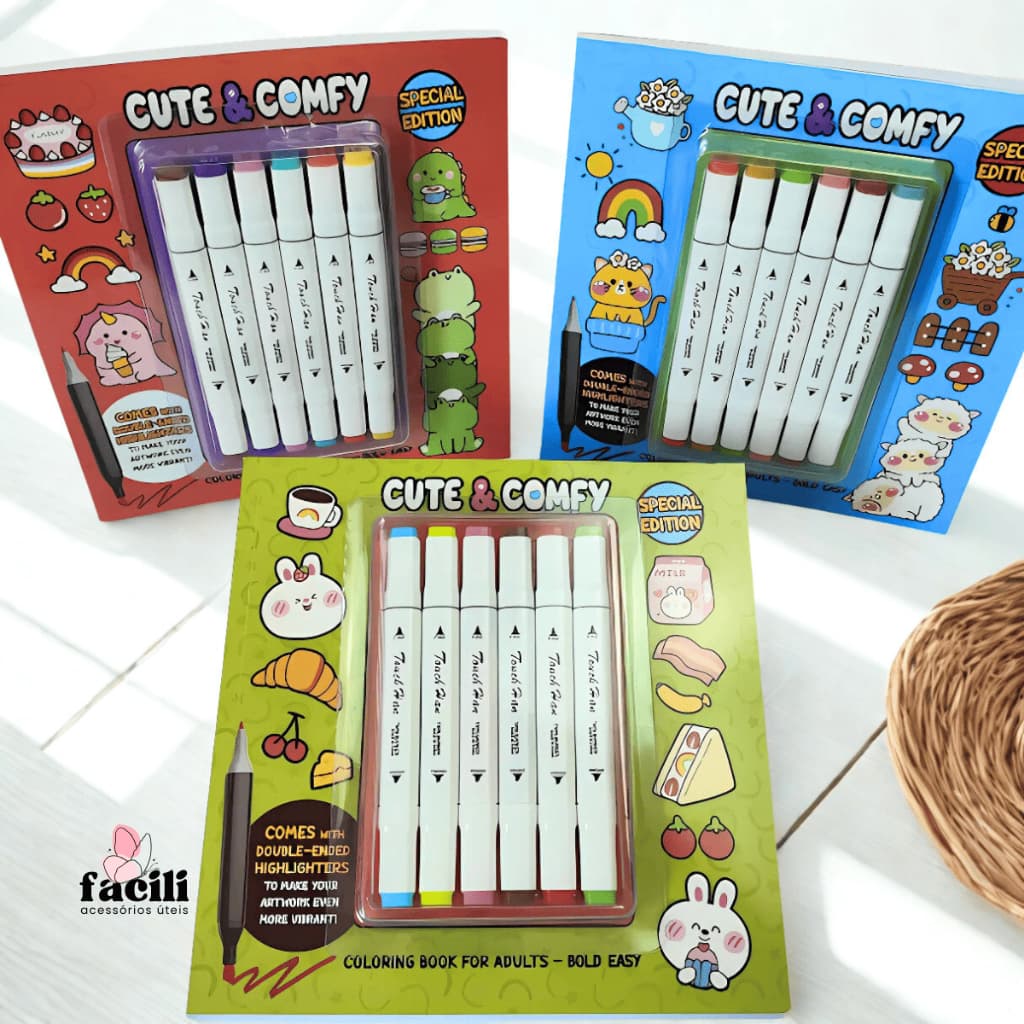 Caderno de Pintura Kit com 6 Canetas Touch Ponta Dupla, Papelaria Fofa, Criativa