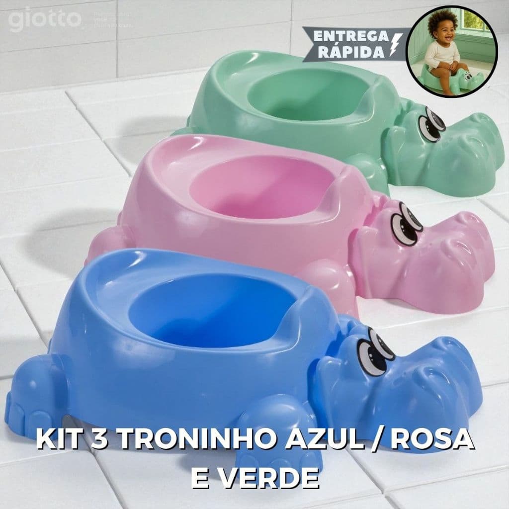 Kit 3 2 e 1 Troninho Infantil Penico Verde Rosa Azul hipopotamo Criança Meninos Meninas desenho