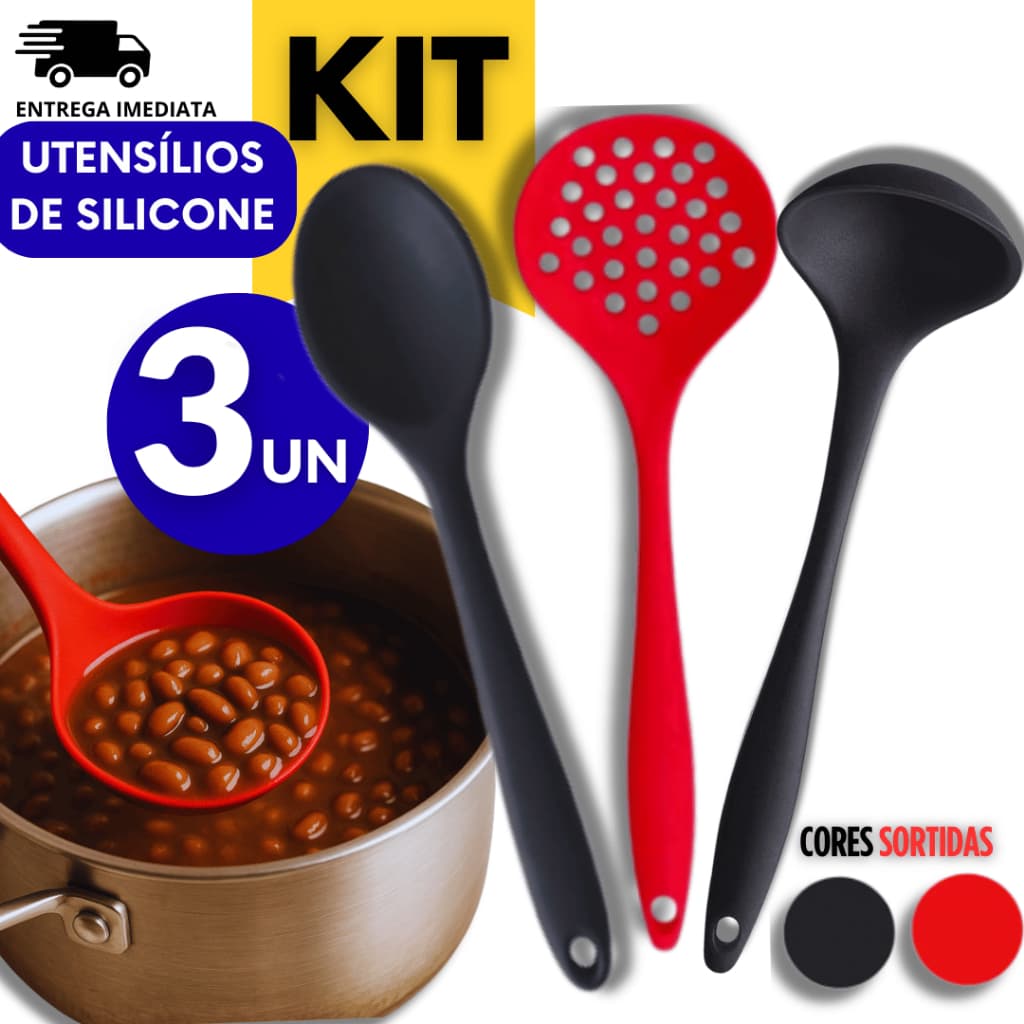 Combo Especial 03 Unidades - Colher Para Arroz Multiuso Escumadeira de Silicone Premium Concha Multifuncional Casa Bar