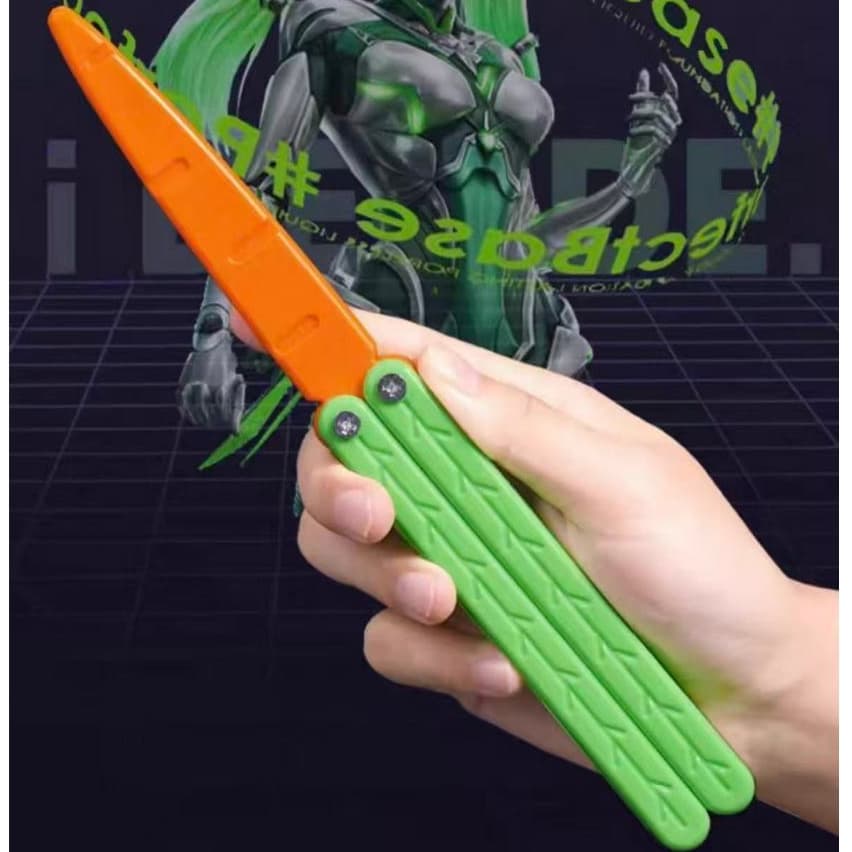 A faca dobrável de brinquedo em forma de rabanete borboleta é suave de usar e não apresenta atrasos.