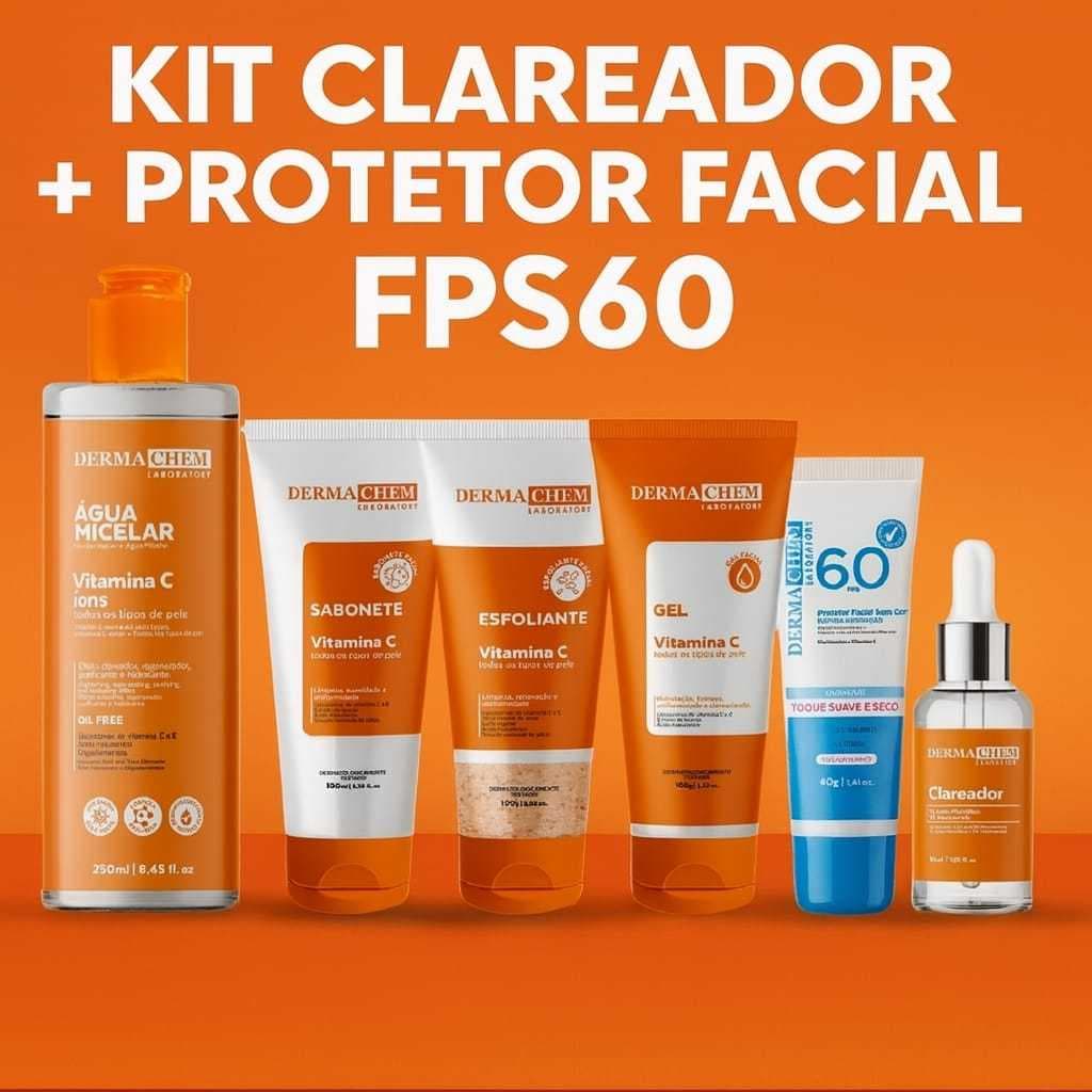 Kit Skin Care Completo Vitamina C Clareador + Protetor Solar FPS60 Dermachem Anti-Manchas, Melasma e Anti-Idade