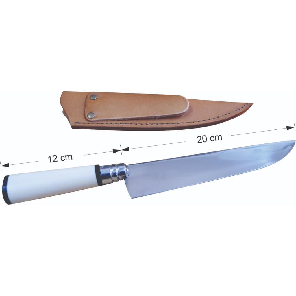 Faca artesanal de Inox 8 polegadas com cabo de osso e bainha em couro legítimo