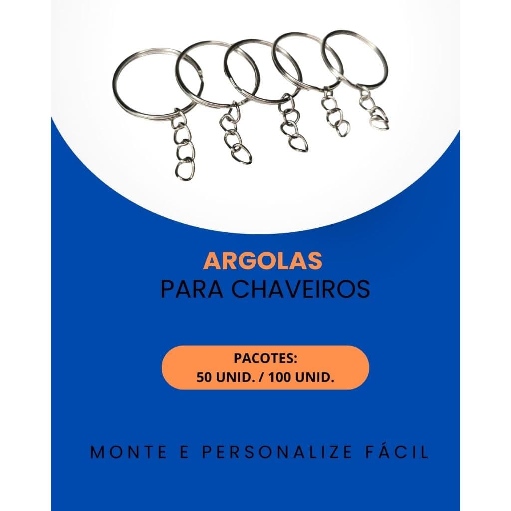 Argola para Chaveiro com Corrente 25 mm Prata com 50/100 Unidades Barato