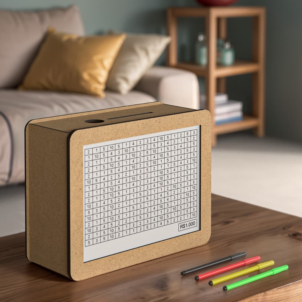 Cofre Desafio R$10mil Dinheiro Caixa de Madeira Woodbox Moedas Páscoa Coelho