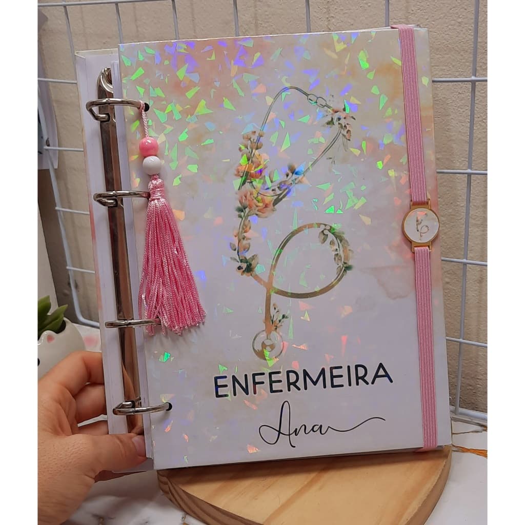 Fichário Pautado linhas Profissões Minimalista Rosa capa holografica personalizado