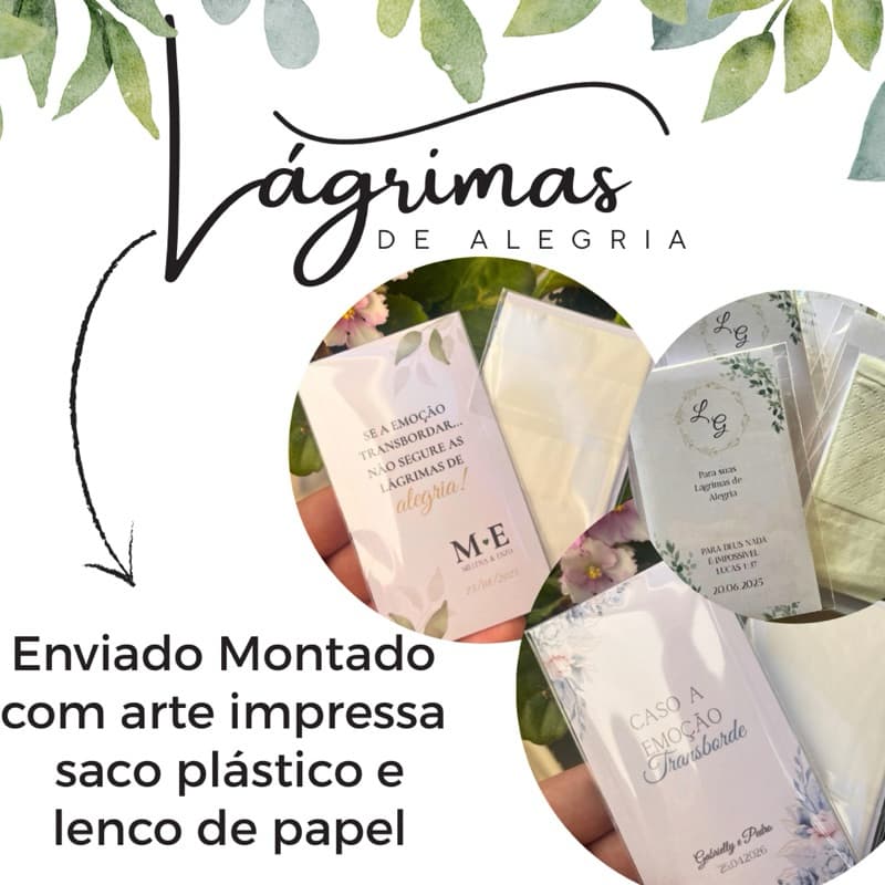 Kit 60|80|100|150 Lembrancinha Lágrimas de Alegria Casamento Personalizado Cartão com Lenço Elegante
