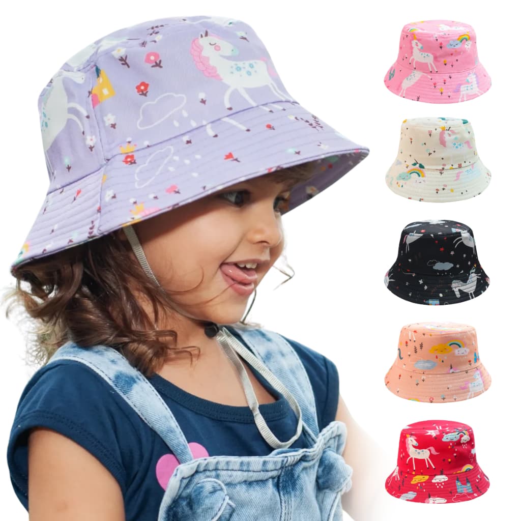 Chapéu Infantil de praia UV Bucket Infantil feminino Chapéu de praia menina com Cordinha Poliéster
