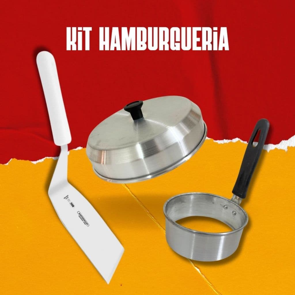 Kit Hamburgueria com espátula, modelador de ovo, abafador de hambúrguer.