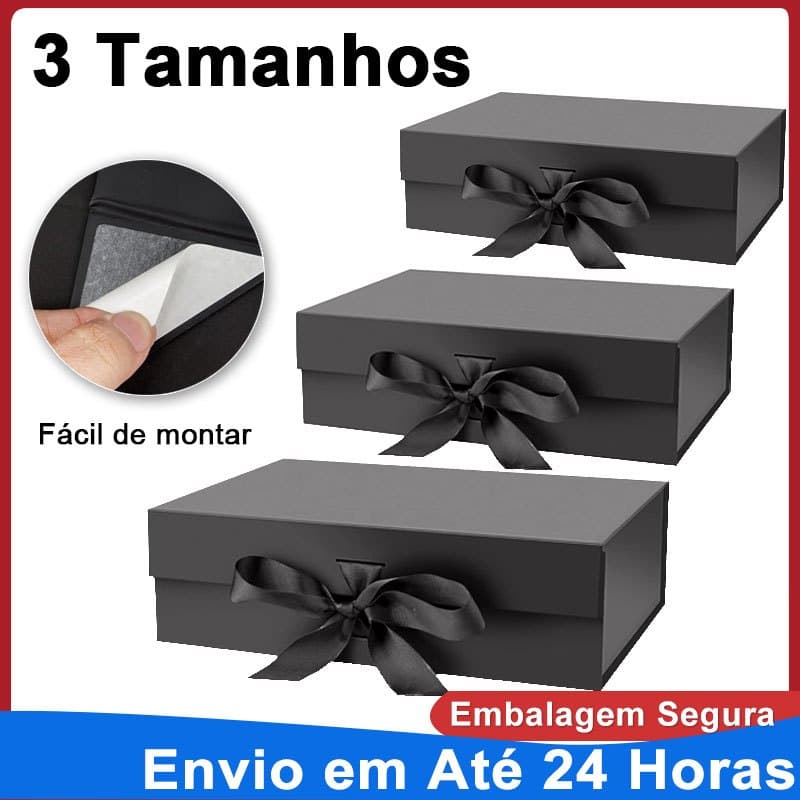 Caixa rígida / cartonada dobrável com fecho magnético e fita de cetim para presente-3 tamanhos