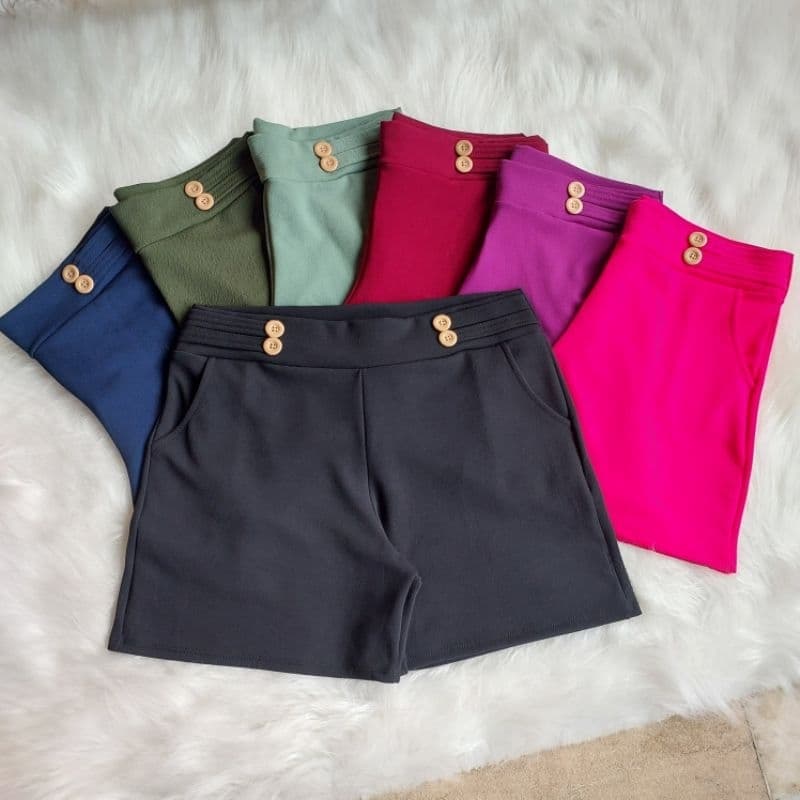 Short Feminino Malha Crepe Plus Size G1 G2 G3 Tem Botões Na Frente