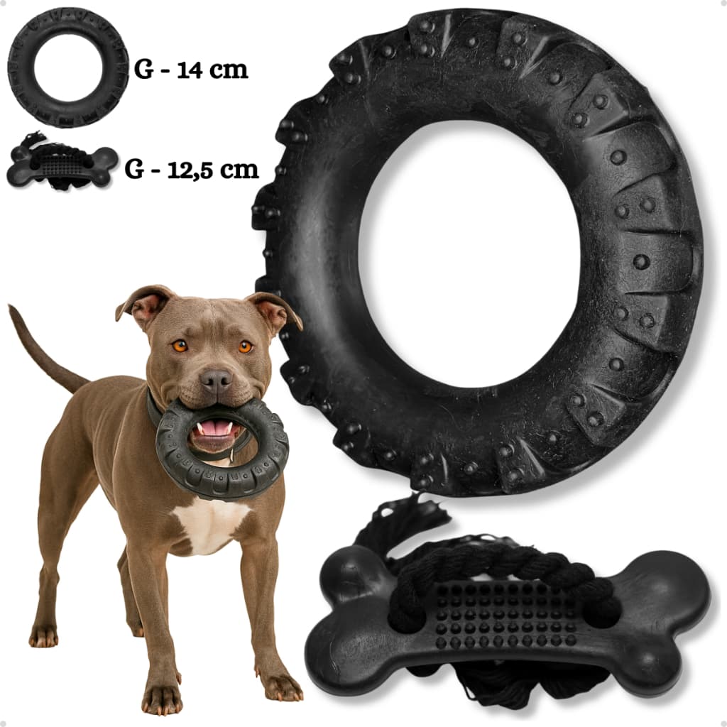 Kit Brinquedo Mordedor para Cachorro Pneu G + Osso Ossinho Massageador Grande Black com Corda 2D Pet