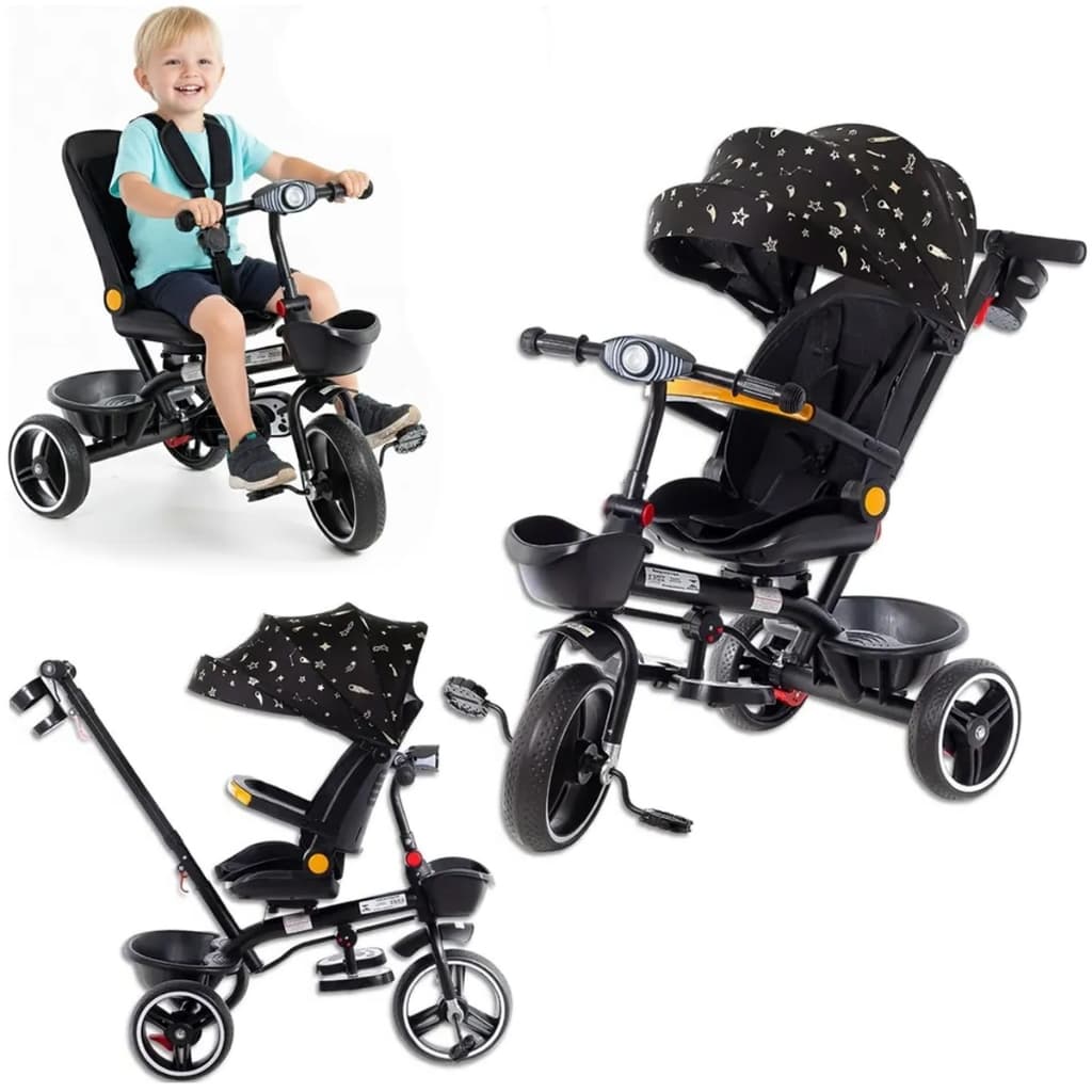 Triciclo Infantil Empurrador 2 em 1 Luxo Carrinho de Passeio Bebê Capota até 50kg Haste Guia Pedal
