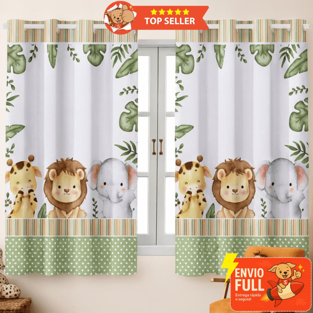 Cortina Safari Baby 2,00x1,50m – Decoração Encantadora para Quarto Bebê Infantil