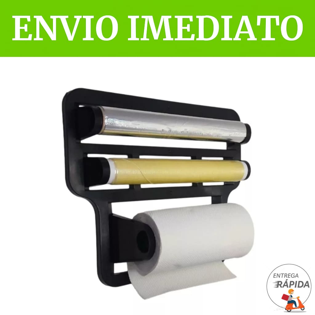 PORTA PAPEL TOALHA TRIPLO SUPORTE PRETO PARA COZINHA