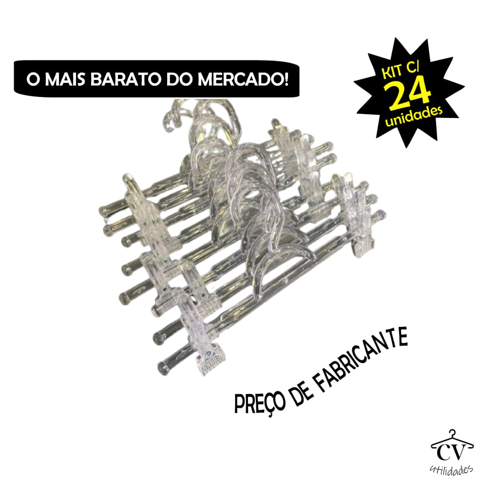 Cabide Saia Acrílico com presilha  para roupas 22 unidades