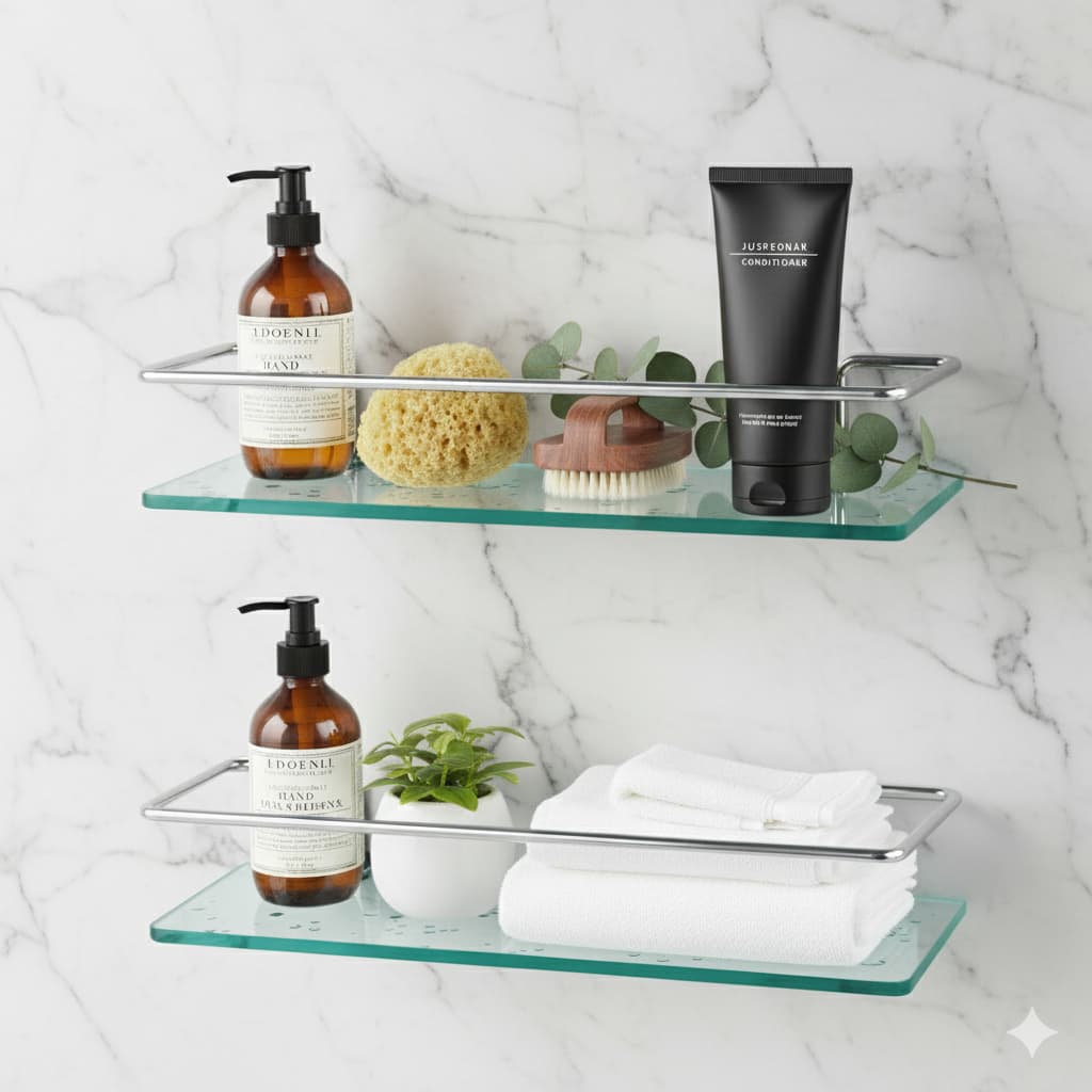 Kit 2 Porta Shampoo Banheiro Alumínio e Vidro Reto | Suporte de Parede Antiferrugem Fácil Instalação