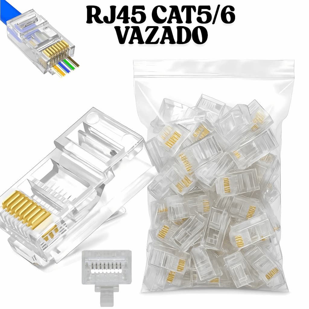 Kit Conector RJ45 Vazado PassThrough CAT5 CAT5e CAT6a Rede Internet 10,20,50 e 100 Banhado a ouro