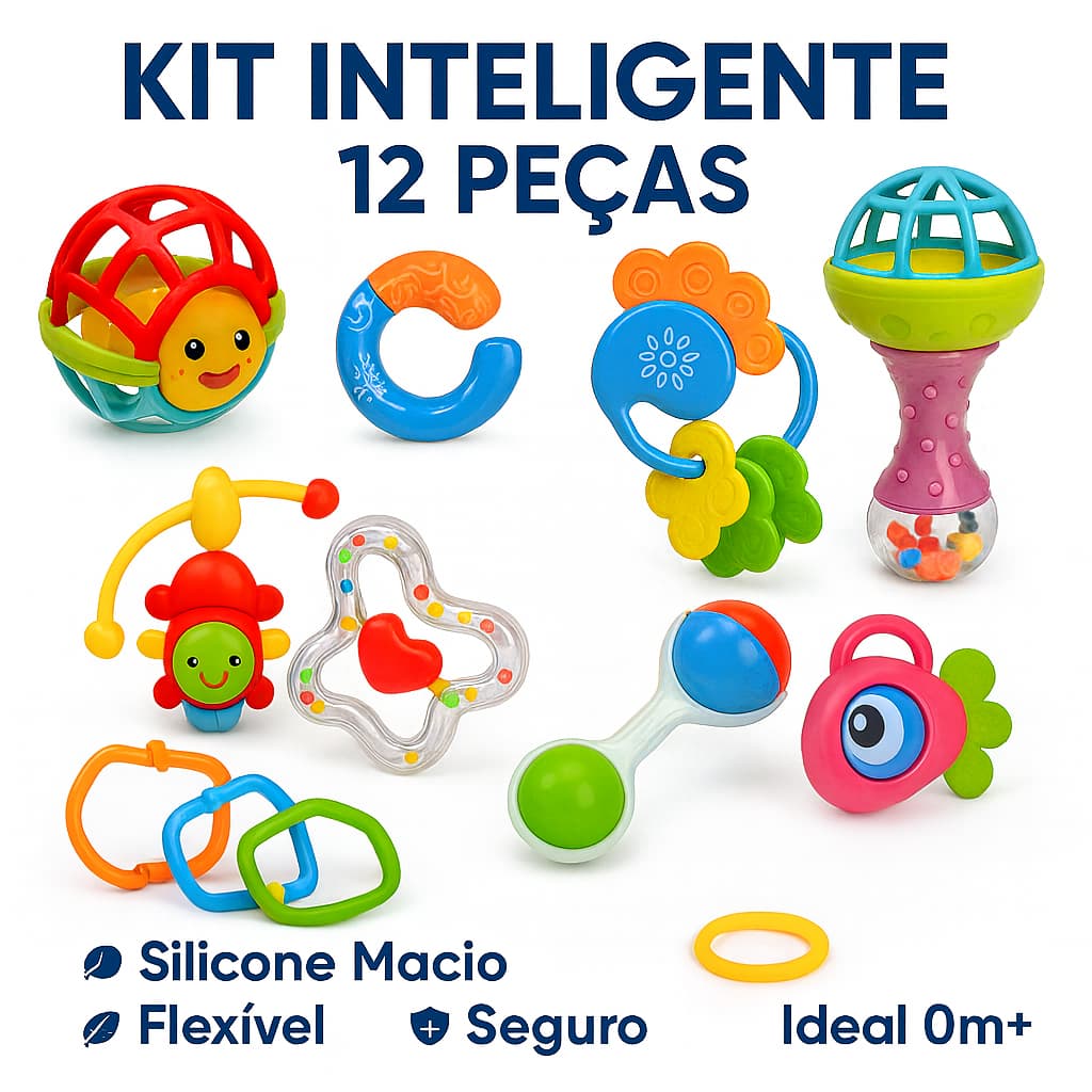 Kit Inteligente 12 Peças Chocalhos e Mordedores Bebê – Silicone Macio Flexível Seguro 0m