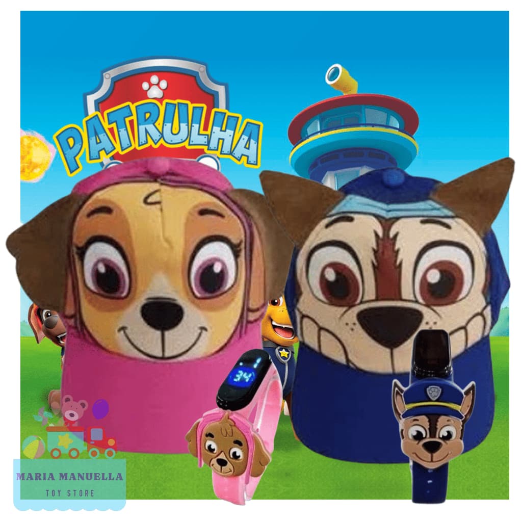 Kit Relógio Infantil Patrulha Canina + Boné Personagem Chase e Skye Original