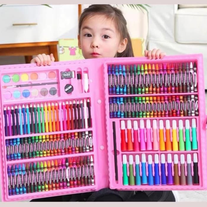 Estojo Maleta Pintura Infantil Kit pintura 24 a 150 peças Canetinhas Giz Lápis Cores e Tamanhos Variados + Desenhos