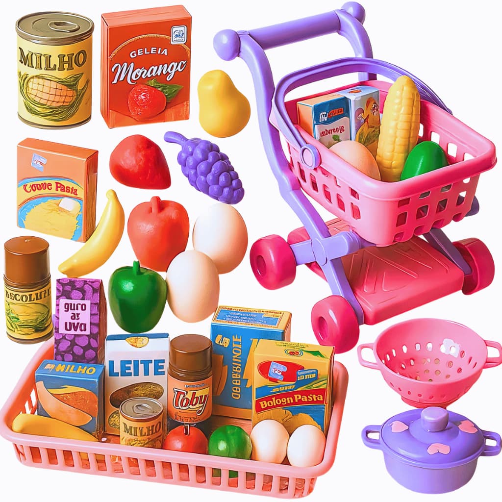 Kit Brinquedo Infantil Meninas Carrinho Supermercado + Conjunto de Panelas Panelinhas Feirinha
