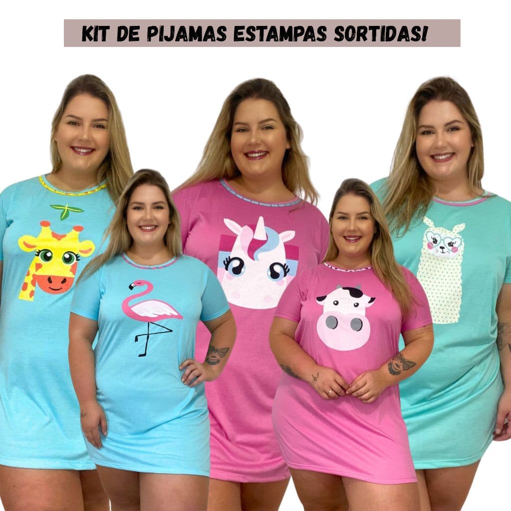 Camisola Plus Size Kit com 3 unidades Manga Curta em Malha Premium Camisolão Estampas Sortidas