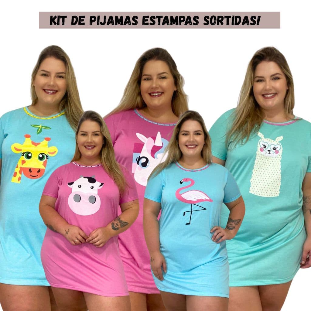 Camisola Plus Size Kit com 3 unidades Meia manga em Malha Estampas Sortidas