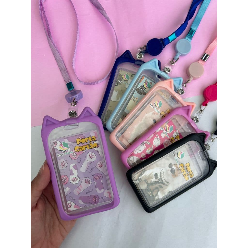 Porta Cartão Crachá Gatinho Com Cordão Retrátil Com Capa