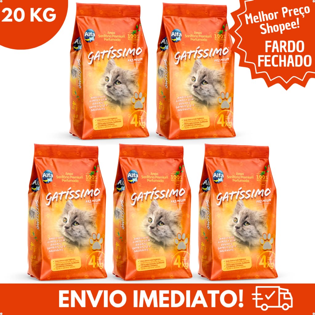 Kit 5 Areia Sanitária Higiênica Natural Argila p Gatos Gatissimo Premium Perfumada Fardo Fechado 4Kg