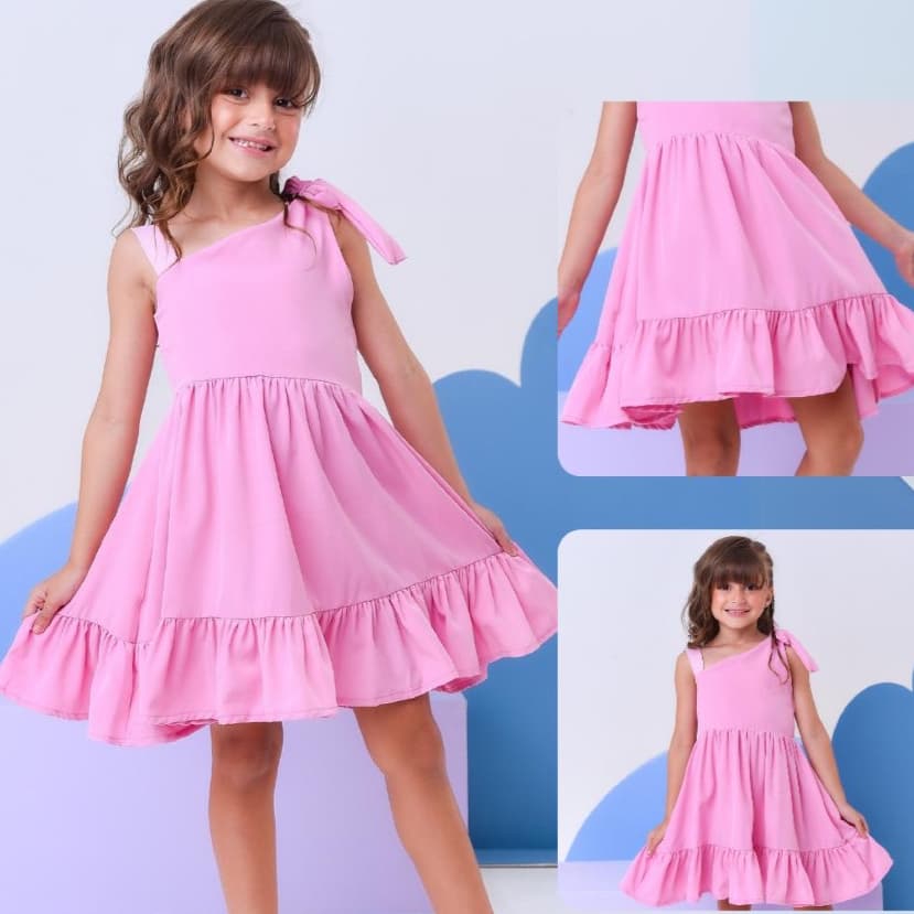 Vestido Meninas Rodado Laço Babado Liso Casual Feminino Criança Juvenil Batizado Aniversário Férias