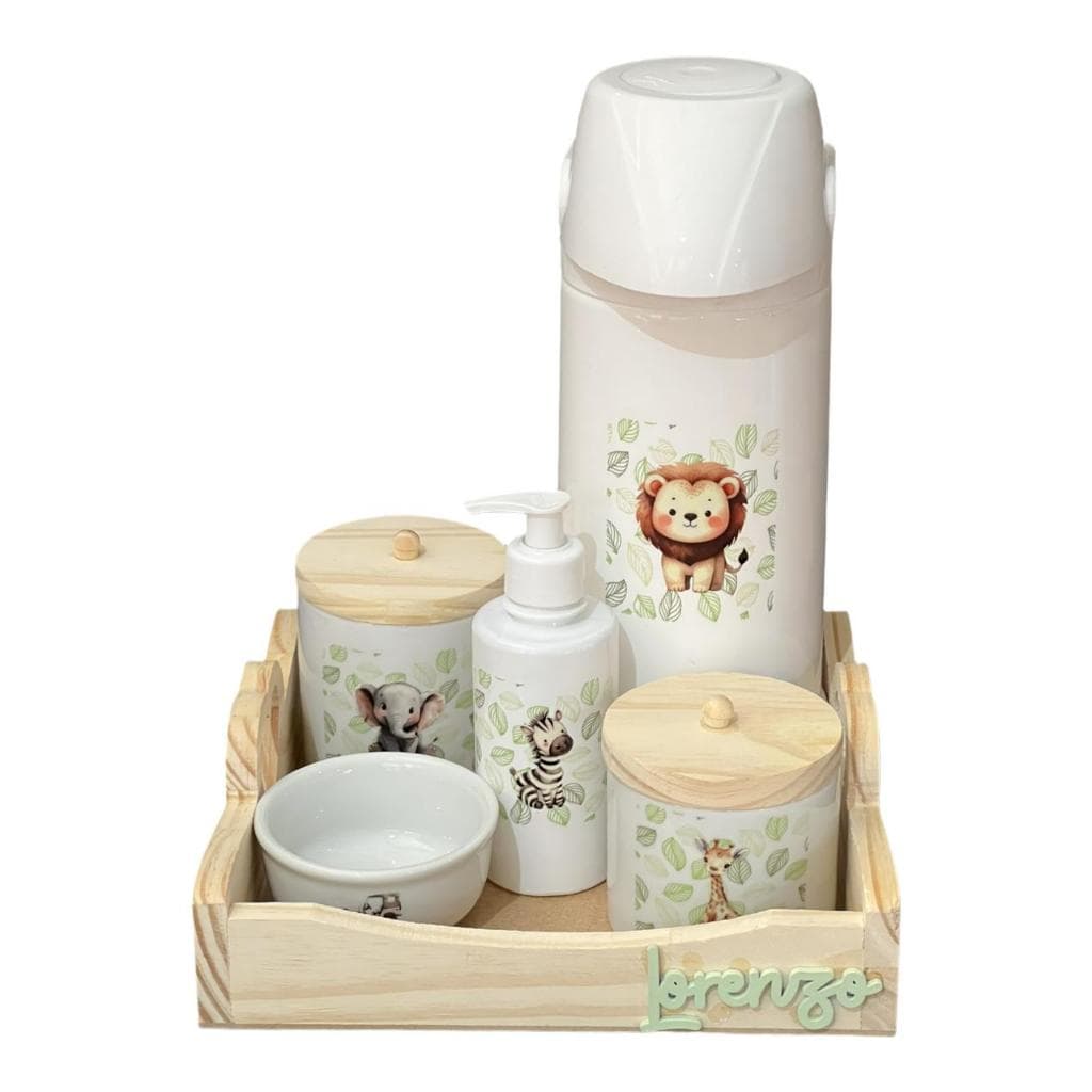 Kit Higiene Bebê Porcelana Safari Bandeja Pinus Adesivo Dtf Uv Com Nome Personalizado Garrafa Pump
