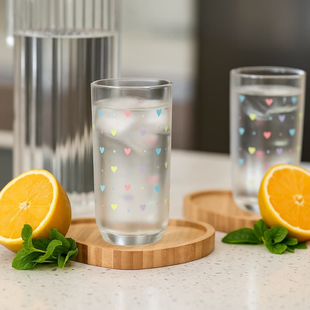 Conjunto Copos de Vidro 240ml Coração Decorado Kit 12,06,03 Unidades Luxo / Ideal para Presente