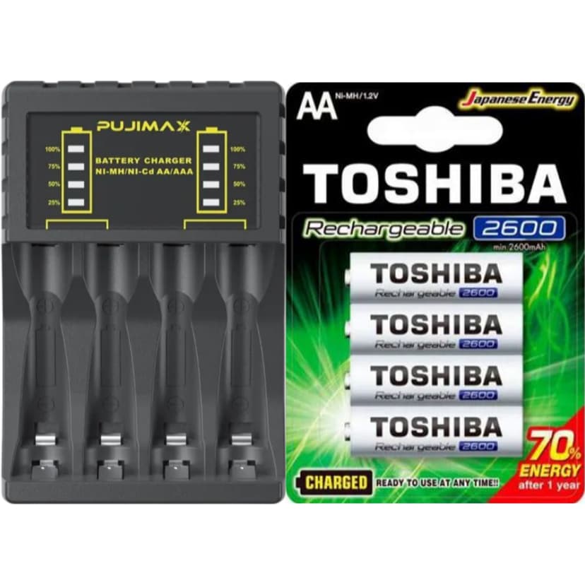 Carregador de Pilhas AA e AAA Pujimax Acompanha 4 Pilhas Recarregáveis Toshiba 2600 mAh Modelo AA Pequena