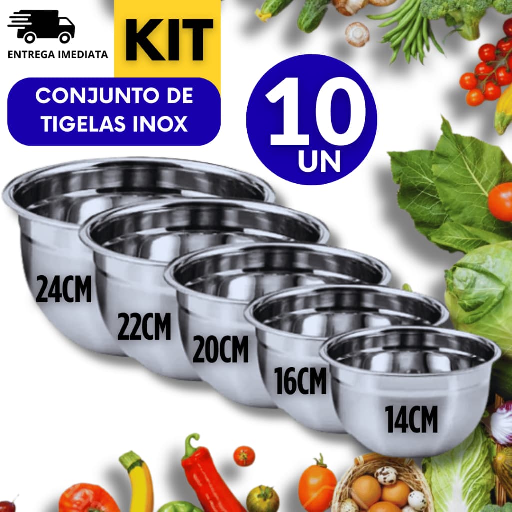 Kit 10 -  Bowls Tigelas 24, 22, 20, 16 e 14 cm Em Aço Inox Casa Cozinha Restaurante Bolos Saladeira Multiuso Variáveis