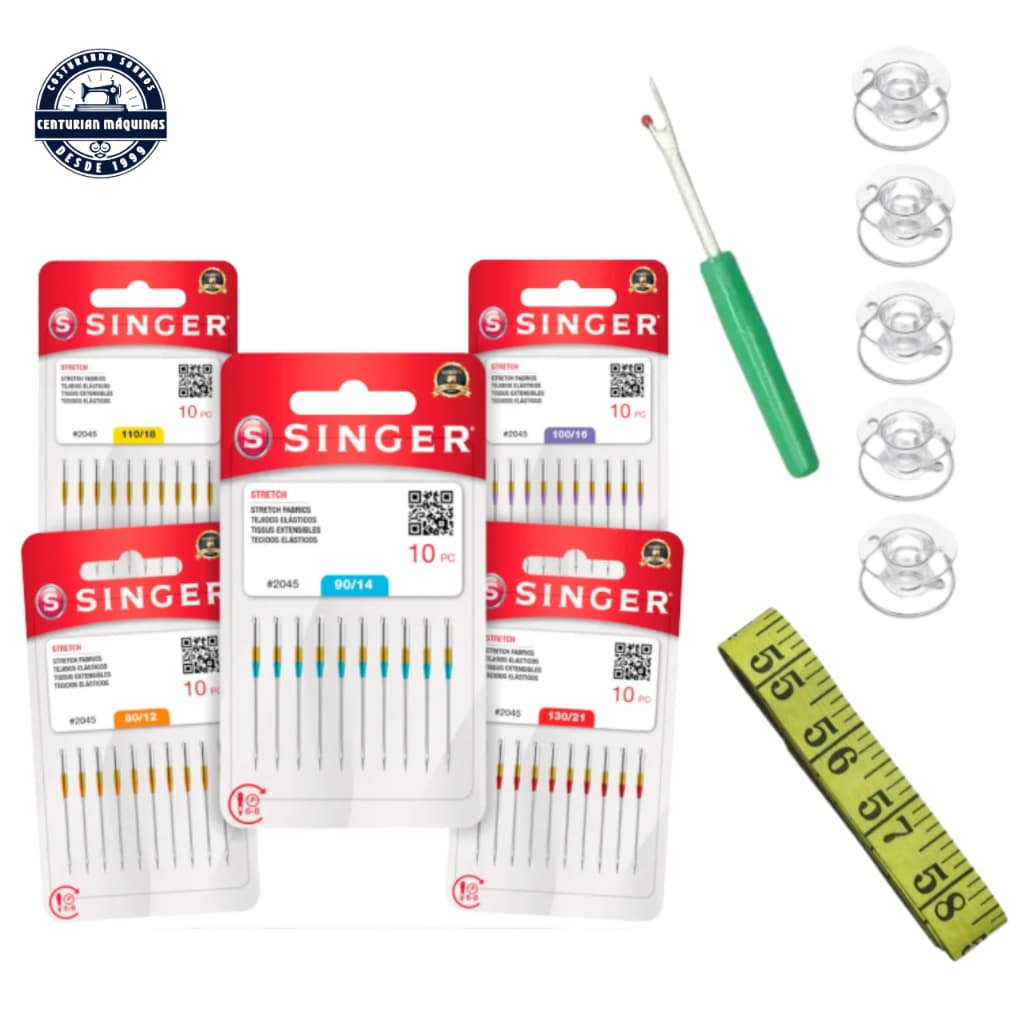 Kit Costura: Agulhas Singer Nº 10, 11, 12, 14, 16 e 18 + Bobinas Baixa + Fita Métrica + Abridor – Máquinas Domésticas
