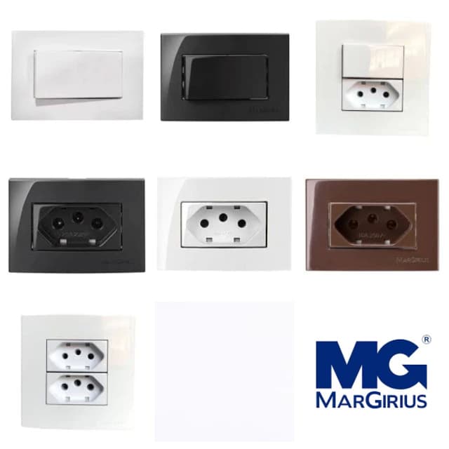 Tomada/Interruptor Dupla de Embutir Margirius 10a/20a 2P+T Branca/Marrom/Preta