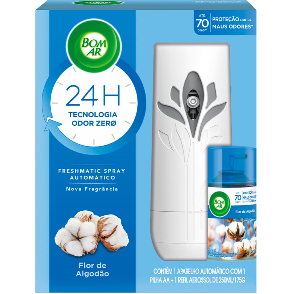Bom Ar Freshmatic Automático Aparelho + Refil de 250ml - Flor de Algodão - Air Wick Dura Até 70 dias