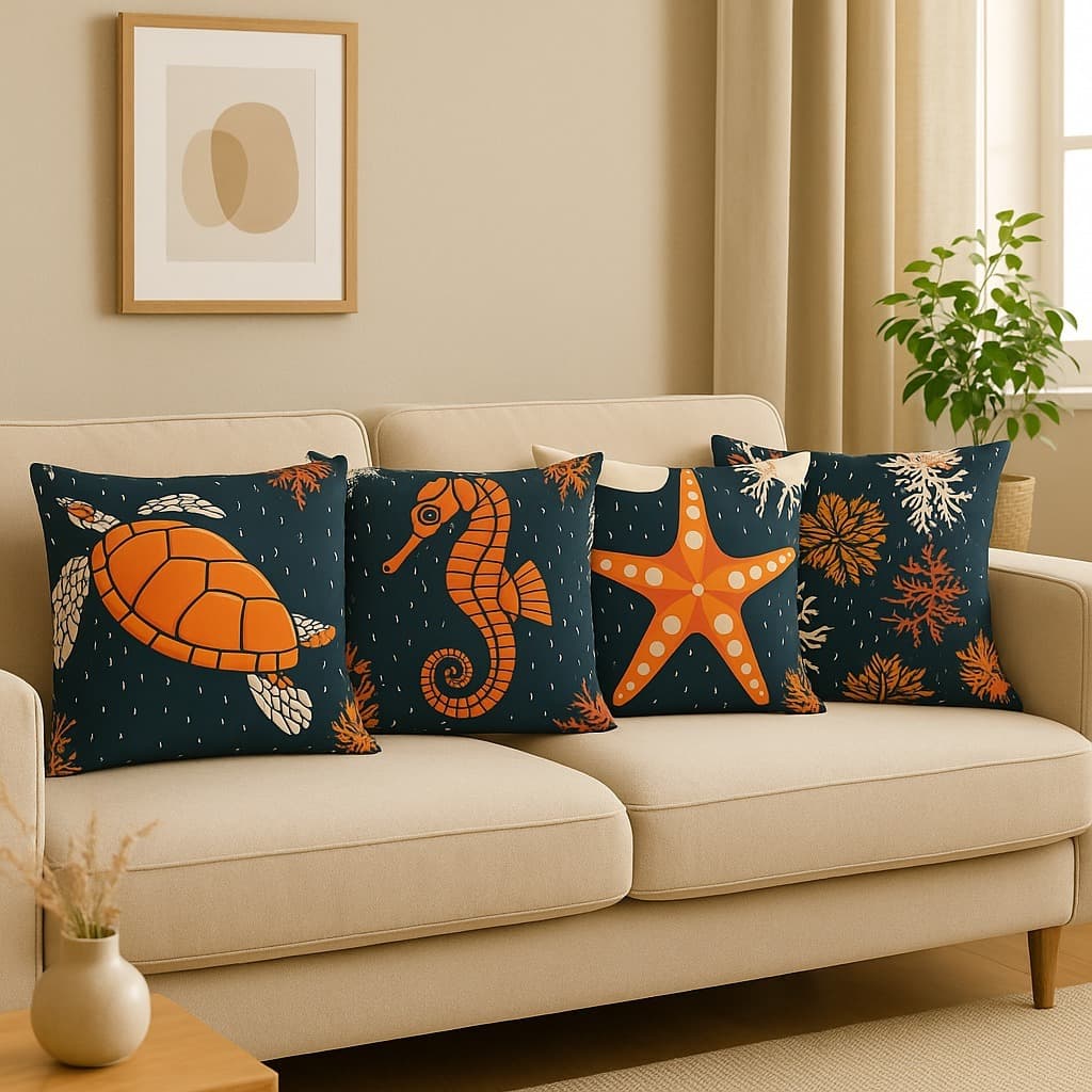 Kit 4 Capa para Almofada Mar Personalizada  Quarto Sala Decorativas com Zíper 0.45x0.45cm Tartaruga