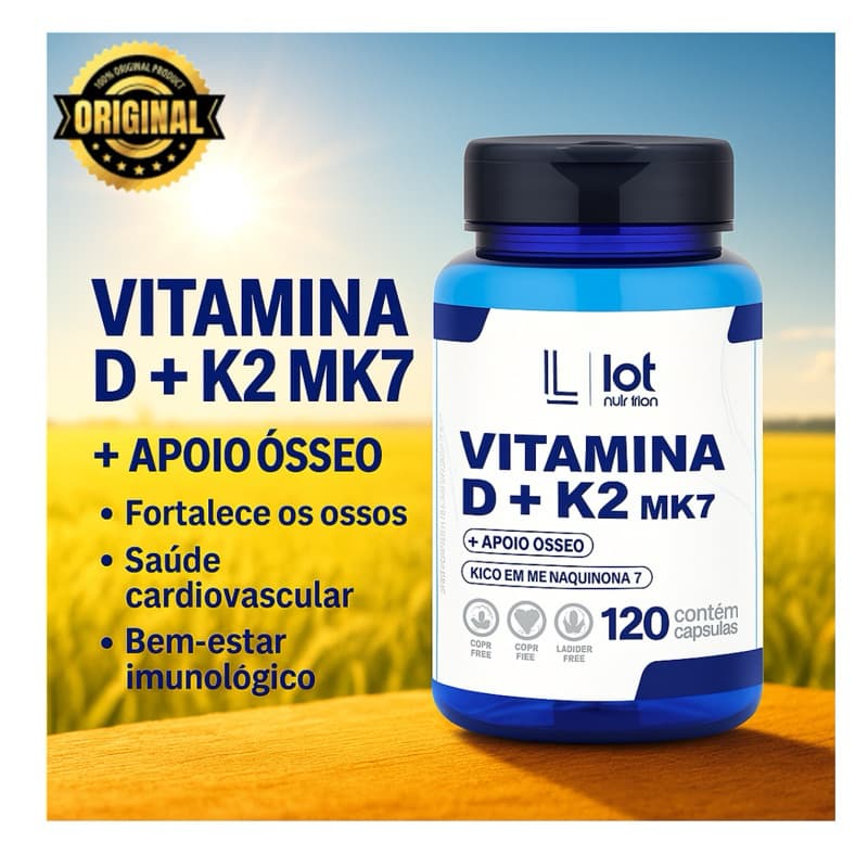 Vitamina D3 2.000UI + Vitamina K2MK7 100mcg 120 cápsulas Ossos e Imunidade Lot Nutrition