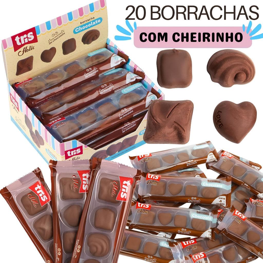 Kit 4/20 Borrachas Escolar Formato E Cheirinho De Chocolate –Apaga De verdade
