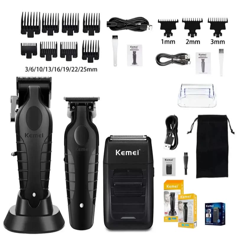 Kit Kemei Máquina de cortar cabelo + Máquina De Acabamento + Shaver Barbeador KM 2296 2299 1102 - Bivolt