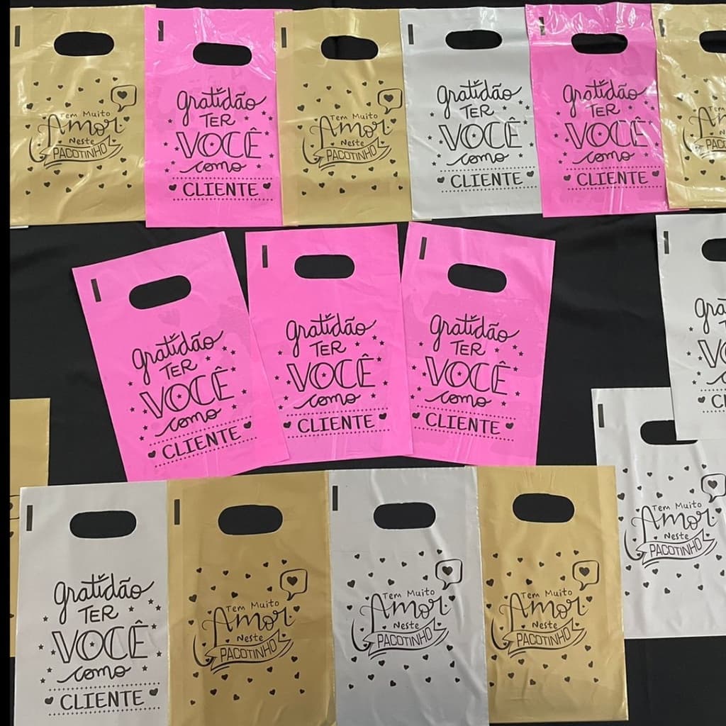 100 Sacolas Plásticas Frase 16X20 20X30 30X40 40X50 Boca de Palhaço Alça Vazada Sacola Lembrancinha