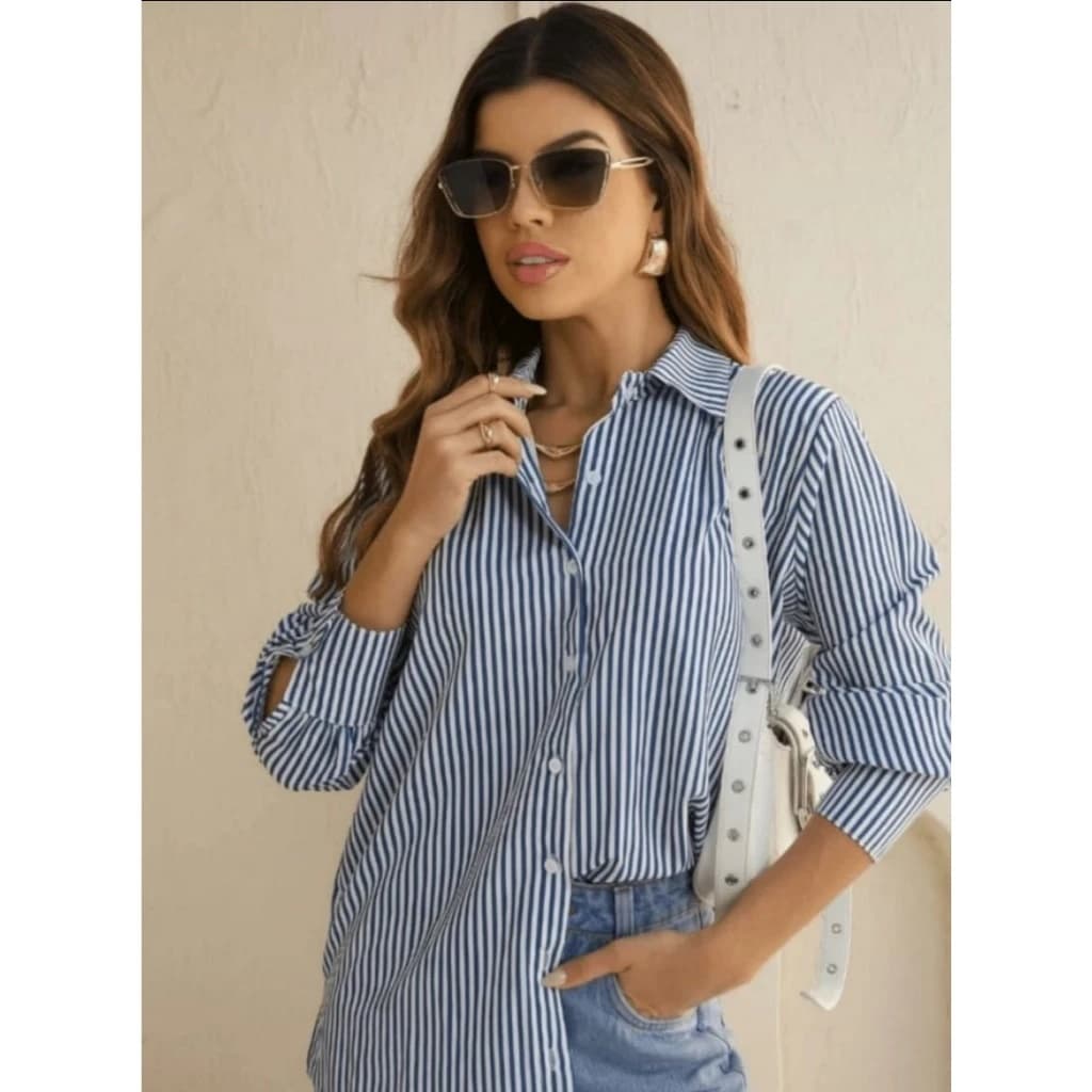 Camisa Social Elegante Feminina Listrada Manga Longa Crepe Premium